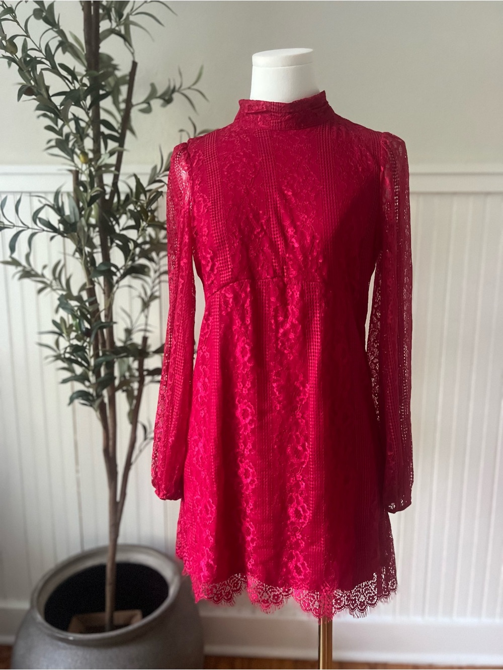 Maeve Anthropologie Red Lace Mini Dress Size 6 Mock Neck Open Back Boho Romantic